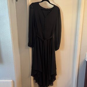 Express Black Long-Sleeve V-Neck Layered Midi Dress with Tie